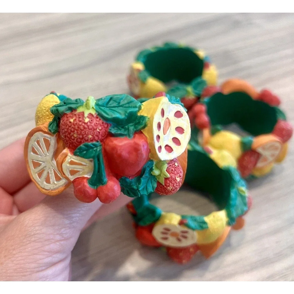 Vintage Mixed Fruit Set Of 4 Napkin Ring Holders Cherries‎ Strawberries Resin